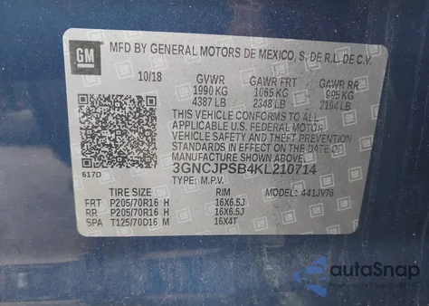 2019 Chevrolet Trax Lt из США, поврежденный, VIN 3GNCJPSB4KL210714